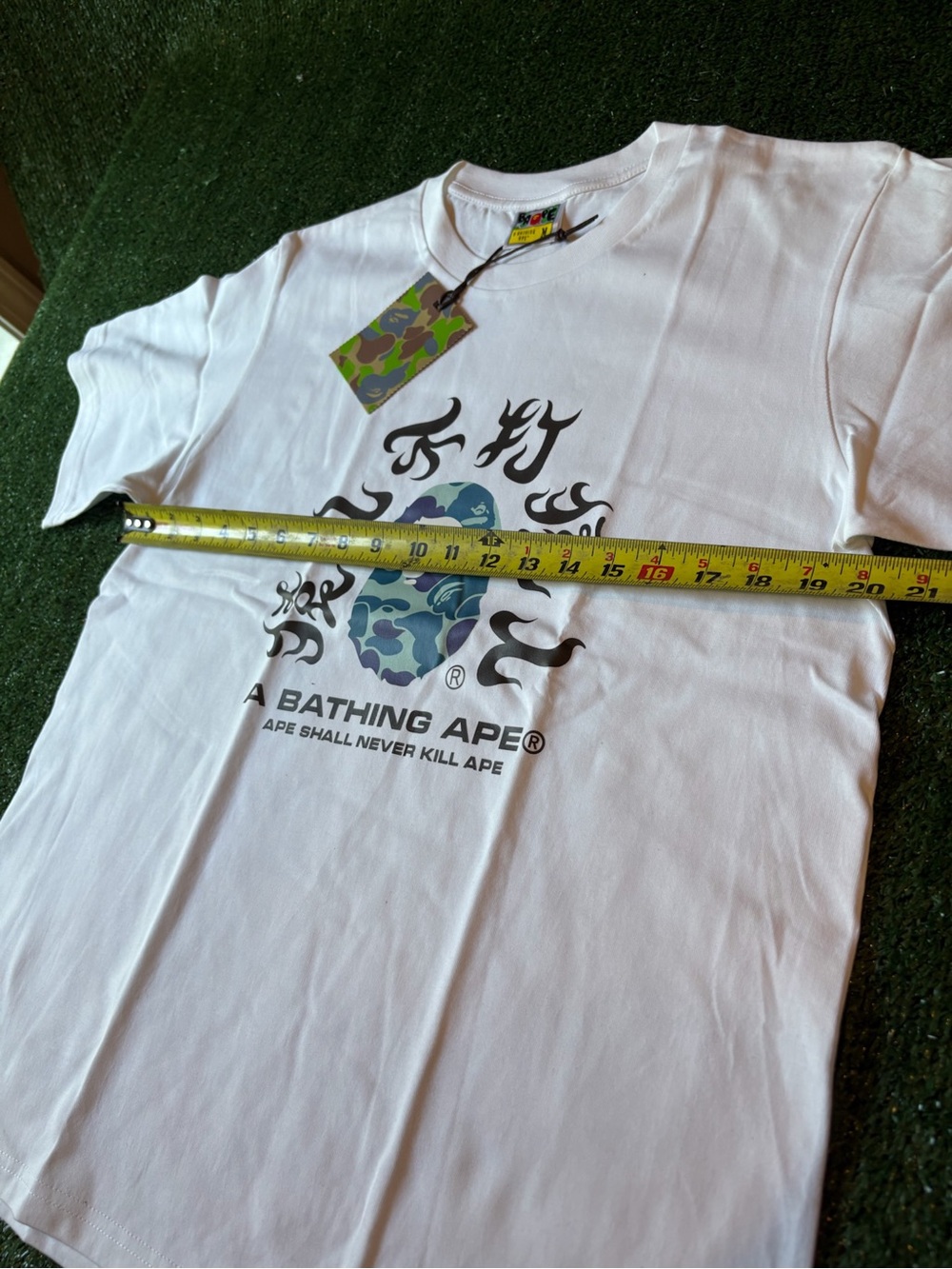 A Bathing Ape White Short Sleeve Tee with Blue/Green Camo Ape Head - Picture 6 of 9